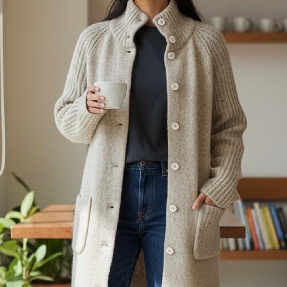 Eileen Fisher Lambswool Blend Ribbed Trim Cardigan Sweater Women's XS Beige